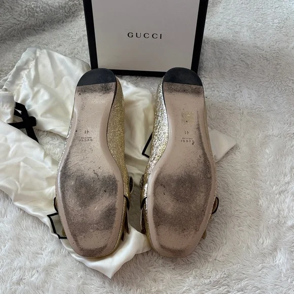 Gucci Gold Metallic Fringe Leather Loafers with GG Horsebit
